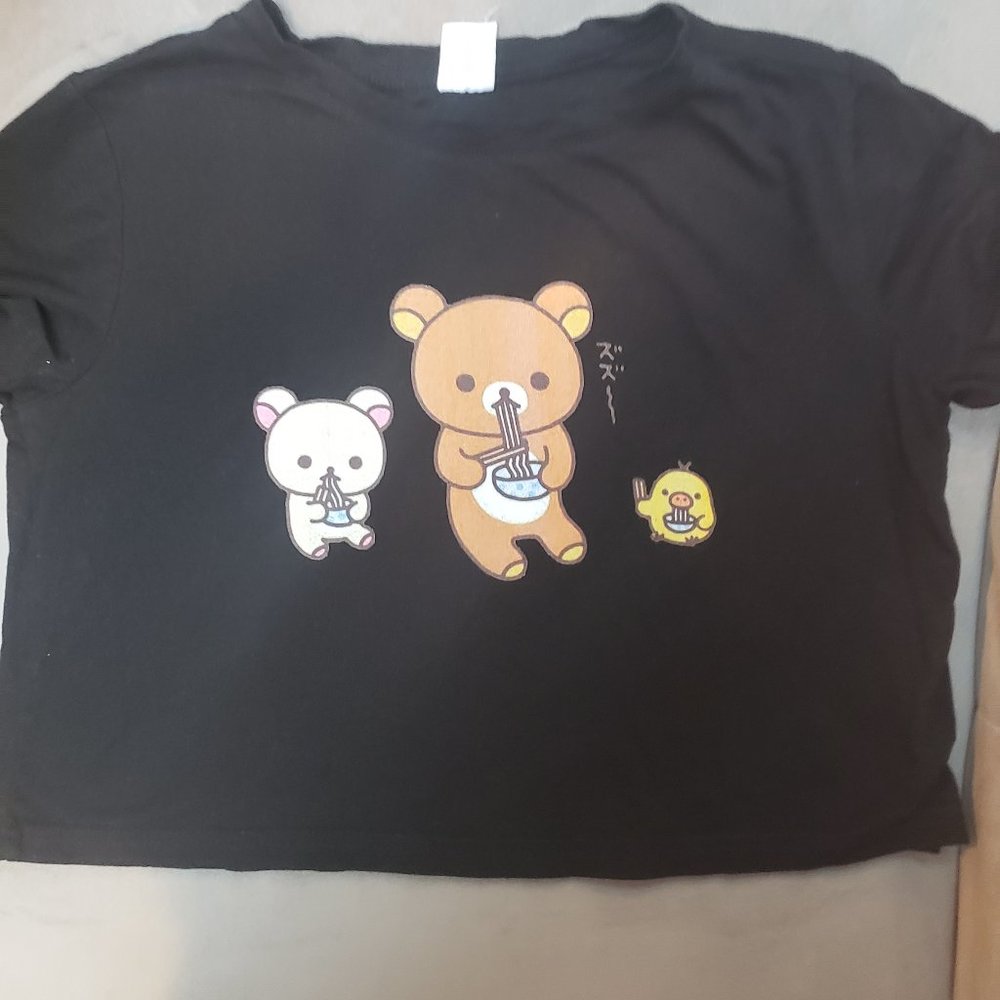 San X Rilakkuma- Korilakkuma and Kiiroitori Cropped Tee  Black  Size S